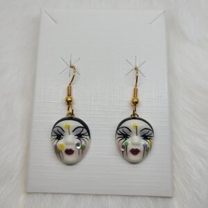 Vintage Fancy Faces Hand Painted Porcelain Mardi Gras Mask Dangle Earrings
